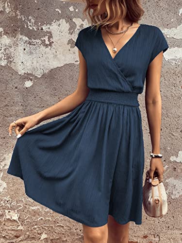 51Ym-T54F5L.jpg Women's Short Batwing Sleeve Cross Wrap V-Neck A-line Casual Swing Dress Plain Shirred Flared Short Dress