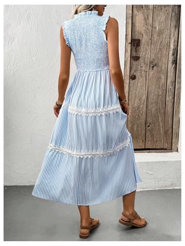 Women's Summer Long Dress Casual Boho Striped Sleeveless Smocked Tiered Ruffle Sundress