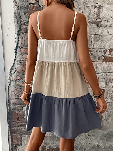 Women's Spaghetti Strap Color Block Cami Dress Causal Summer Tunic Ruffle Hem Short Dresses
