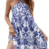 Women's Floral Print Halter Mini Dress Tie Backless Sleeveless Flowy Dresses