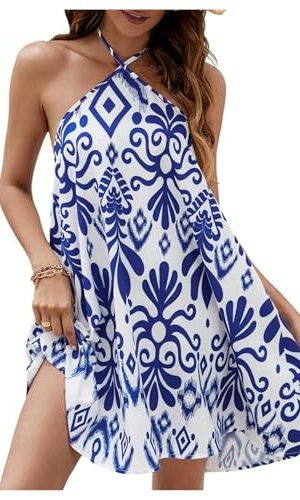 Women's Floral Print Halter Mini Dress Tie Backless Sleeveless Flowy Dresses