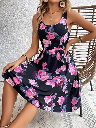 51ZEEEeQyL.jpg Women's Boho Floral Print Scoop Neck Tank Dress Summer Ruffle A Line Knee Length Dresses