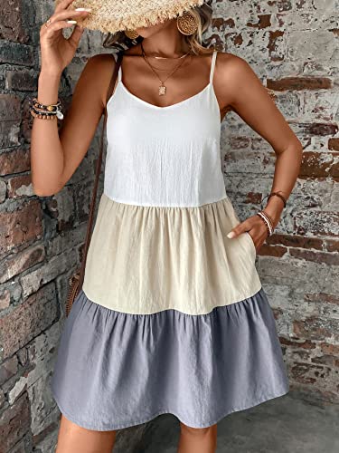 Women's Spaghetti Strap Color Block Cami Dress Causal Summer Tunic Ruffle Hem Short Dresses