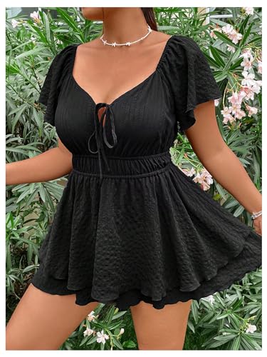 51ZYEsxcqL.jpg Women's Plus Size Romper Dress Ruffle Short Sleeve V Neck Flowy Summer Short Jumpsuits Plain Black 0XL