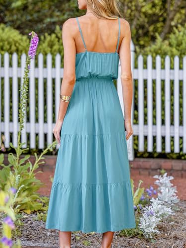 Women's Summer Dresses Casual V Neck Elastic Waist Maxi Tiered Dress with Pockets