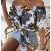 Women's Ruffle Half Sleeve Off Shoulder Knot Front Floral Crop Blouses
