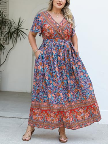 51aSbVFb02L.jpg Women's Plus Size Summer Dress V Neck Short Ruffle Sleeves Flowy X Line Maxi Dress Wide Belt