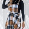 Women's Overall Dress Square Neck Plaid Sleeveless Casual Short A Line Cute Fall Mini Pinafore Dresses