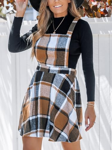 Women's Overall Dress Square Neck Plaid Sleeveless Casual Short A Line Cute Fall Mini Pinafore Dresses