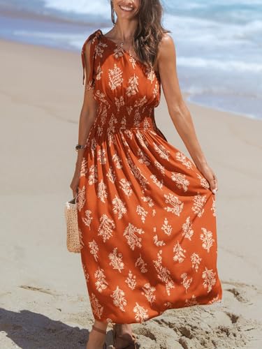 51bSTyhhwsL.jpg Women's One Shoulder Floral Printed Sleeveless Smocked Waist Maxi Dress Summer Boho Long Dress