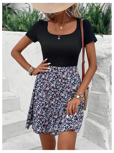 Women's Elegant Floral Dresses Scoop Neck Short Sleeve Short Dress for Women 2025