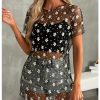 Women's Floral Sheer Mesh Swimsuit Coverups Short Sleeve Mini Beach Dresses