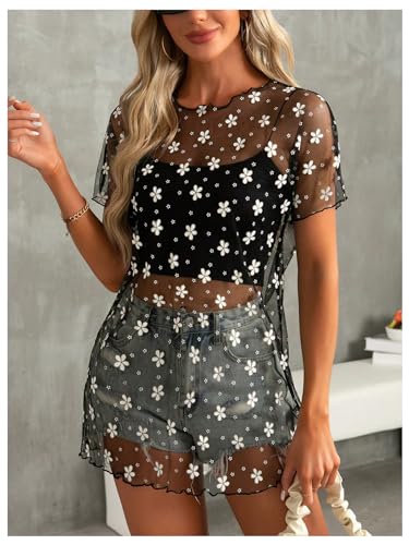 Women's Floral Sheer Mesh Swimsuit Coverups Short Sleeve Mini Beach Dresses