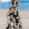 51c4WA6E7yL.jpg Women's Plunging V Neck Dress Tropical Leaves Print Dresses Short Sleeve Split Hem Maxi Dress