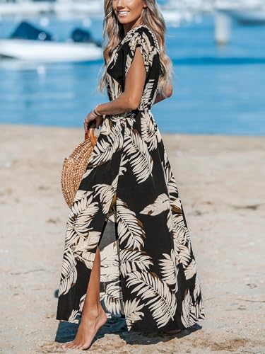 51c4WA6E7yL.jpg Women's Plunging V Neck Dress Tropical Leaves Print Dresses Short Sleeve Split Hem Maxi Dress