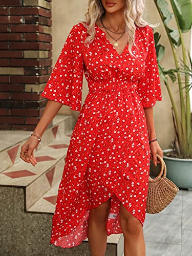 51cGoLlKQuL.jpg Women's Half Sleeve Floral Print Wrap Dress Boho V Neck Flowy A Line Midi Dresses