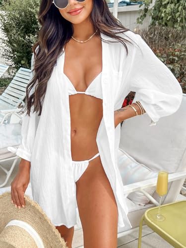 Women Swimsuit Coverup Button Down Casual Shirt Dress V Neck Beach Cover Ups with Pockets XS-XL