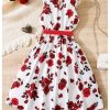 Girl's Floral Midi Dress Crew Neck Sleeveless Bow Knot A Line Summer Boho Tank Dresses