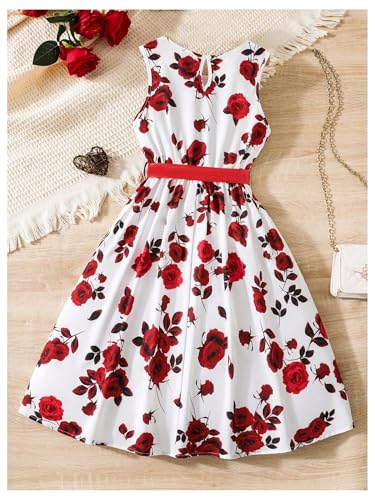 Girl's Floral Midi Dress Crew Neck Sleeveless Bow Knot A Line Summer Boho Tank Dresses