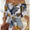 Women's Ruffle Half Sleeve Off Shoulder Knot Front Floral Crop Blouses