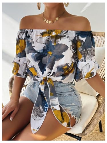 Women's Ruffle Half Sleeve Off Shoulder Knot Front Floral Crop Blouses