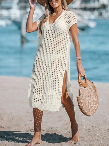 51cjguQo5L.jpg Women's Crochet Swim Suit Coverup Cap Sleeve Knit Loose Beach Cover Ups Side Split Midi Dress
