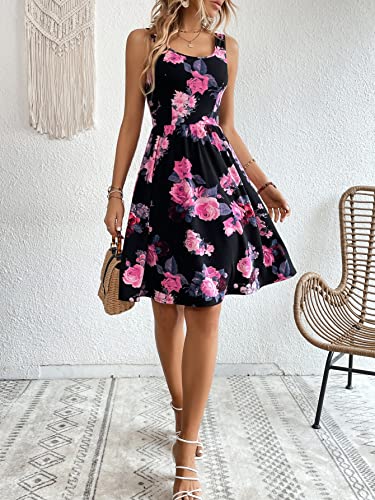 51cvjPrFQrL.jpg Women's Boho Floral Print Scoop Neck Tank Dress Summer Ruffle A Line Knee Length Dresses