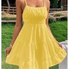 51dALhY2JlL.jpg Women's Swiss Dots Sleeveless Ruched Bust Ruffle Hem Cami Short Dress