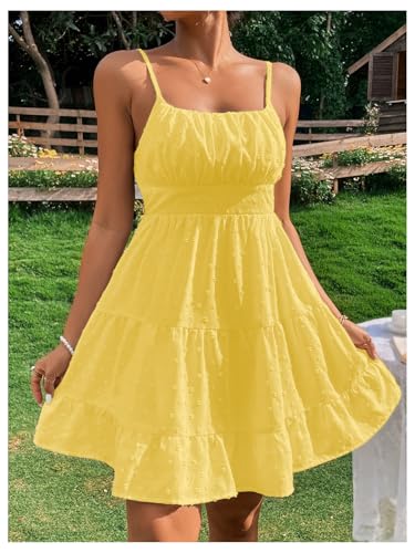 51dALhY2JlL.jpg Women's Swiss Dots Sleeveless Ruched Bust Ruffle Hem Cami Short Dress