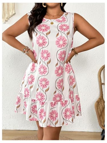 51dtLDtgY3L.jpg Women's Plus Size Floral Ruffle Dress Bow Tie Sleeveless Crewneck Summer Smock Short Dresses Sundress