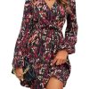 51e0GSuciL.jpg Women's Floral Print Long Lantern Sleeve V Neck Wrap Dress High Waist A Line Ruffle Short Dress