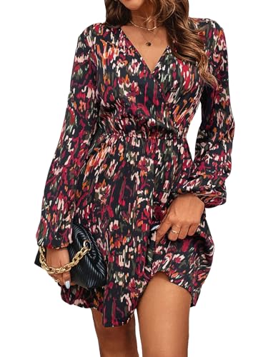 51e0GSuciL.jpg Women's Floral Print Long Lantern Sleeve V Neck Wrap Dress High Waist A Line Ruffle Short Dress