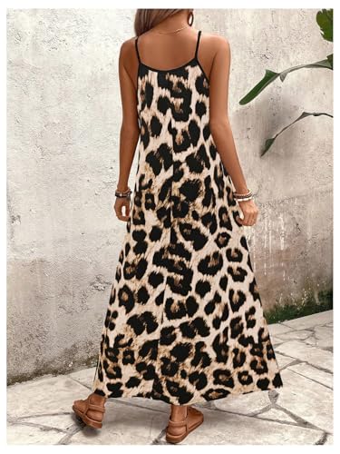 51e6rXQ0KYL.jpg Women's Leopard Print Maxi Dress V Neck Spaghetti Strap Flowy Long Vacation Summer Dresses