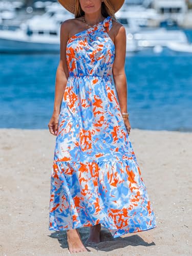 Women's Summer Dresses Abstract Floral One Shoulder A Line Smocked Tiered Maxi Dress