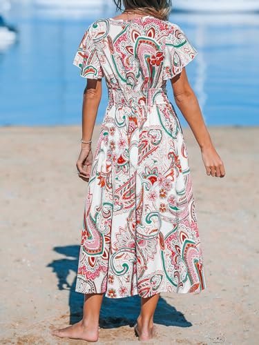Women's Ruffle Beach Dress Paisley V Neck Short Sleeve Pleated High Waist Maxi Summer Dresses