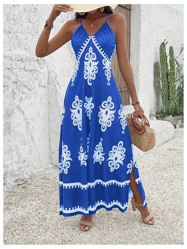 51eOwp6Yh6L.jpg Women's Summer Printed Maxi Dress V Neck Spaghetti Strap Split Flowy Cami Dresses Sundress