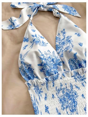 51fRHei3tIL.jpg Women's Sundresses Boho Halter V Neck Backless Ruffle Flowy Summer Beach Mini Dress