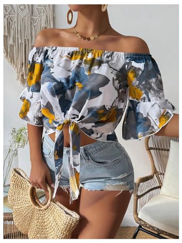 Women's Ruffle Half Sleeve Off Shoulder Knot Front Floral Crop Blouses
