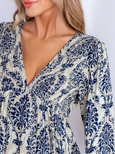 51fhDJjRX5L.jpg Women's Mini Dress Smocked V Neck Long Sleeve Empire Waist Casual A Line Dress