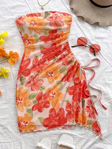 Women's Floral Strapless Mini Dresses Summer Beach Vacation Short Bandeau Bodycon Dress