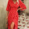 51gSUJgY58L.jpg Women's Half Sleeve Floral Print Wrap Dress Boho V Neck Flowy A Line Midi Dresses