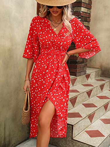 51gSUJgY58L.jpg Women's Half Sleeve Floral Print Wrap Dress Boho V Neck Flowy A Line Midi Dresses