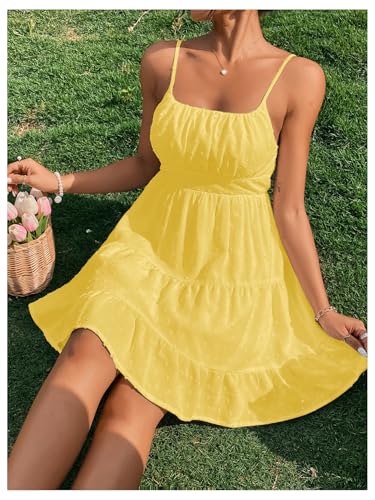 51gi-I0koZL.jpg Women's Swiss Dots Sleeveless Ruched Bust Ruffle Hem Cami Short Dress