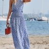 51h0GMgW4xL.jpg Women's Maxi Dress One Shoulder Sleeveless Smocked Floral Printed Self Tie Boho Long Dress Summer Dress Blue Floral, S
