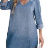 Women's Long Sleeve Denim Shirt Dress Casual V Neck Mini Distressed Roll Tab Jean Dresses