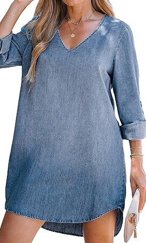 Women's Long Sleeve Denim Shirt Dress Casual V Neck Mini Distressed Roll Tab Jean Dresses