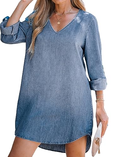 Women's Long Sleeve Denim Shirt Dress Casual V Neck Mini Distressed Roll Tab Jean Dresses