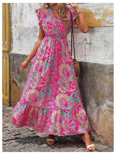 Women's Summer Dress Boho Floral Ruffle Sleeve V Neck Flowy Beach Maxi Dresses