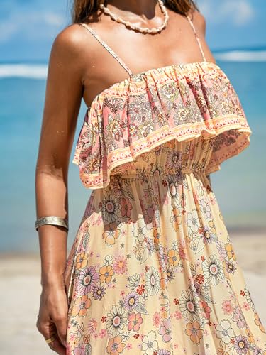 Women Ruffle Floral Summer Dress Spaghetti Strap Backless Flounce Casual Sundress Beach Holiday Maxi Dress