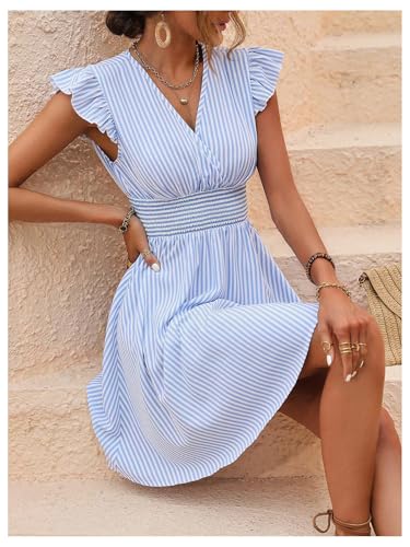51hdHMH7iOL.jpg Women's Summer Party Striped Dress Ruffle V Neck A Line Flowy Beach Mini Dresses
